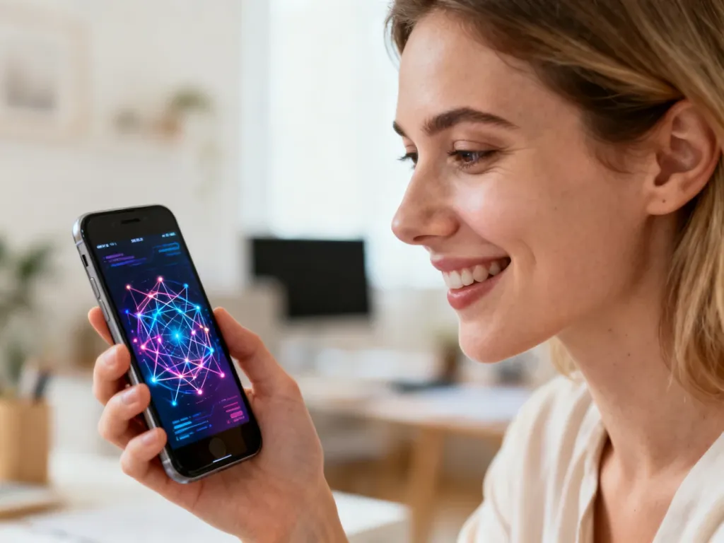 Kobieta uśmiecha się, patrząc na ekran smartfona, co symbolizuje łatwą komunikację w aplikacji Viber.