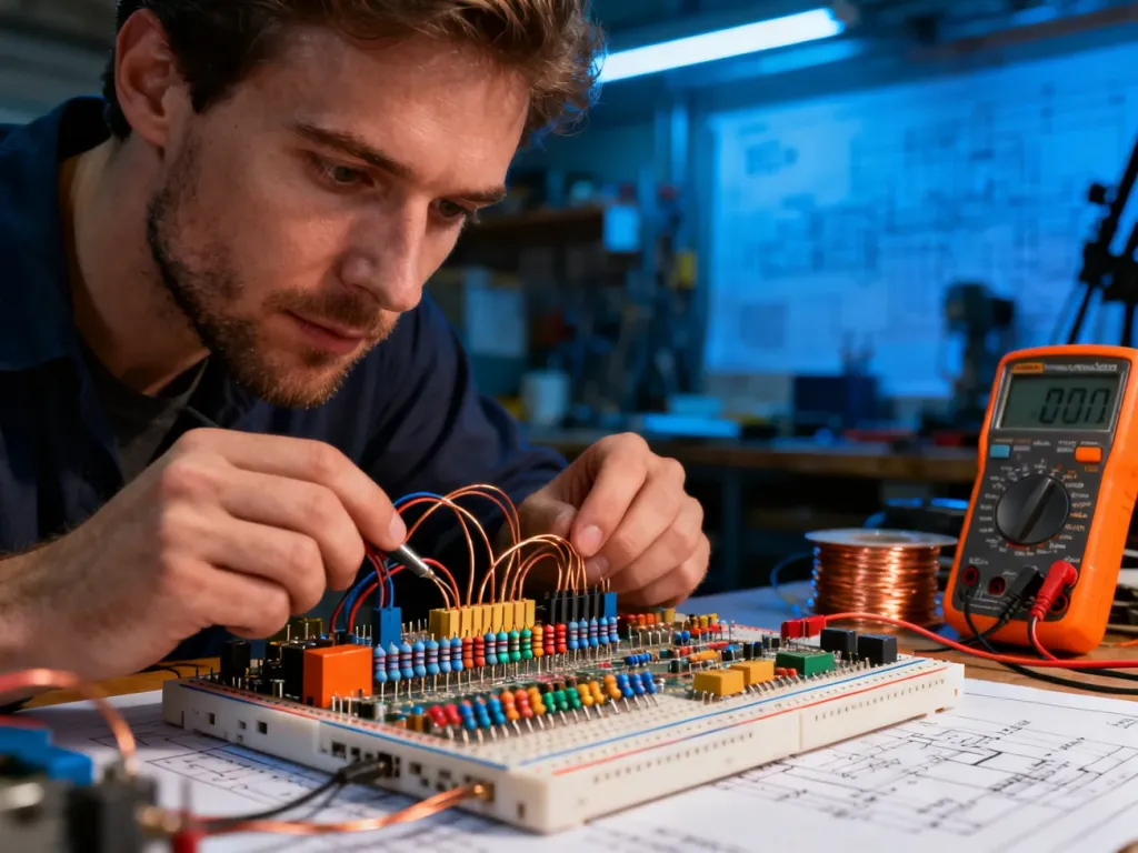 Elektronik skupiony na pracy z płytką stykową, kolorowymi rezystorami i przewodami w profesjonalnym warsztacie.