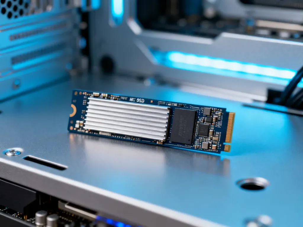 Nowoczesny dysk SSD NVMe zamontowany na płycie głównej komputera z subtelnym podświetleniem LED.