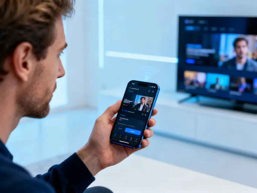 Mężczyzna przesyła bezprzewodowo obraz ze smartfona na nowoczesny telewizor, ilustrując działanie technologii AirPlay.