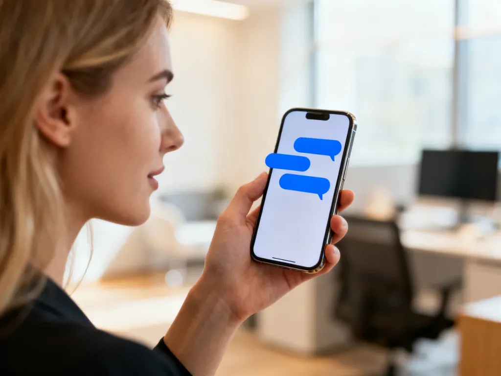 Kobieta trzymająca smartfon z widocznymi na ekranie niebieskimi dymkami czatu, symbolizującymi komunikator iMessage.
