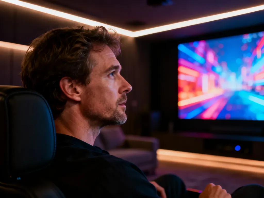 Mężczyzna oglądający film w kinie domowym, podkreślający wysoką jakość obrazu i głębię kolorów technologii Dolby Vision.