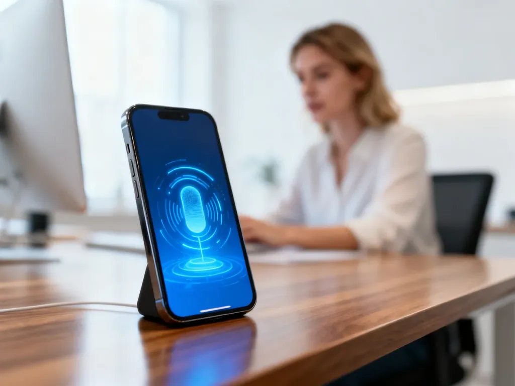 Nowoczesny smartfon z aktywnym interfejsem asystenta głosowego Bixby na ekranie, leżący na drewnianym biurku.