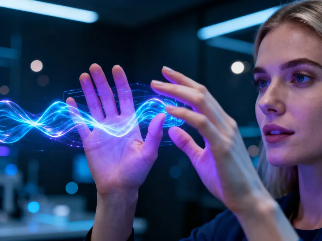 Dłonie kobiety dotykające futurystycznego, świetlistego interfejsu haptycznego, który wizualizuje technologię dotyku.