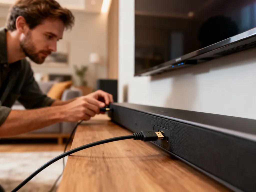 Mężczyzna podłączający kabel HDMI do soundbara pod telewizorem, ilustrujący proces konfiguracji systemu audio.