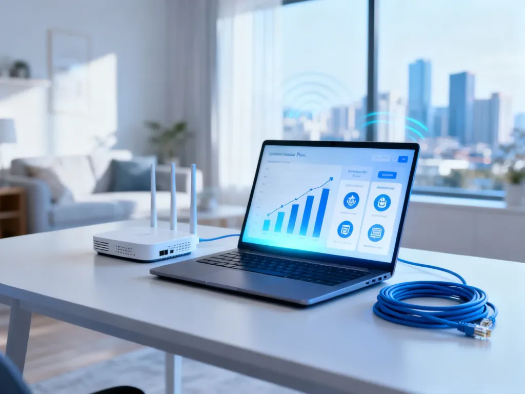 Nowoczesne biurko z laptopem pokazującym wykresy porównania ofert internetu, obok router i kabel, w tle widok na miasto.